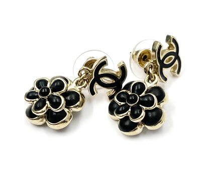 CHANEL Vintage Gold Black CC Flower Dangle Piercing Earrings