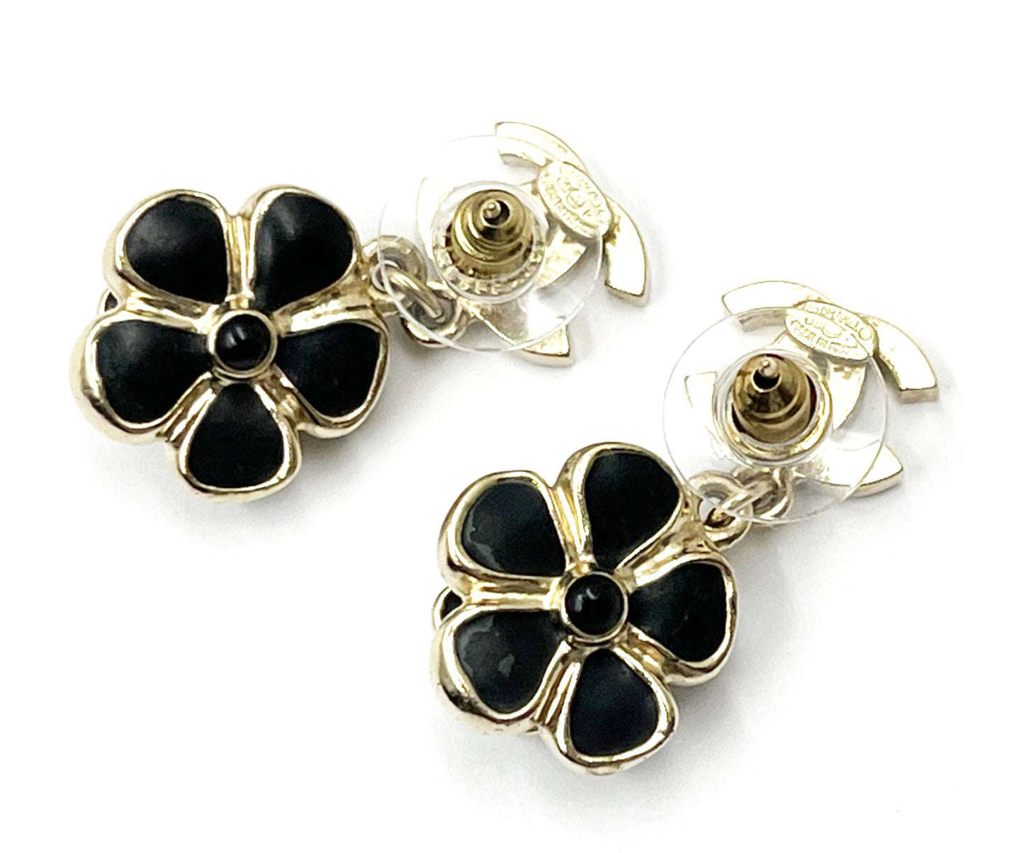 CHANEL Vintage Gold Black CC Flower Dangle Piercing Earrings