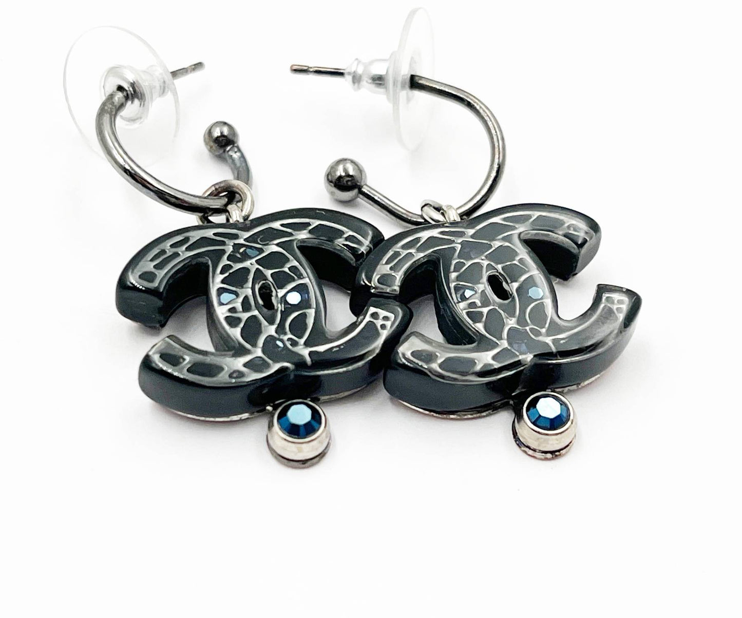 CHANEL Black Globe Blue Stone Dangle Hoop Piercing Earrings