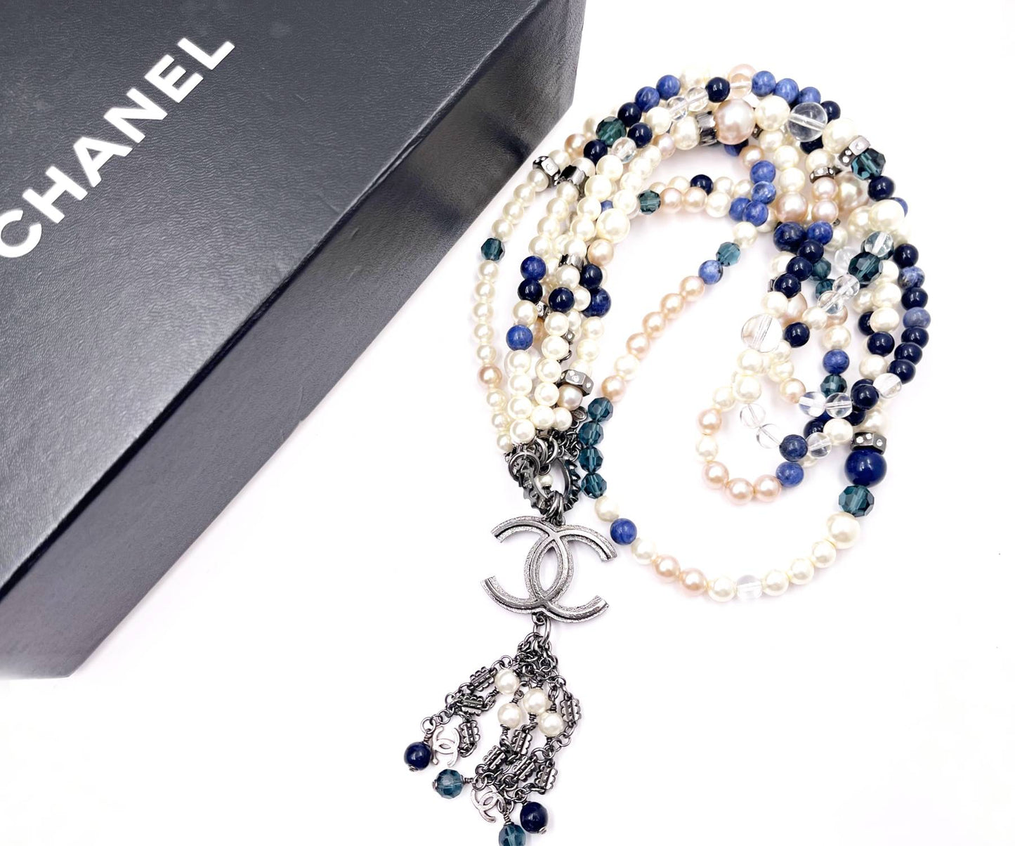 CHANEL Super Rare Blue Stone Pearl Gunmetal CC Tassel Large Pendant Super Long Necklace