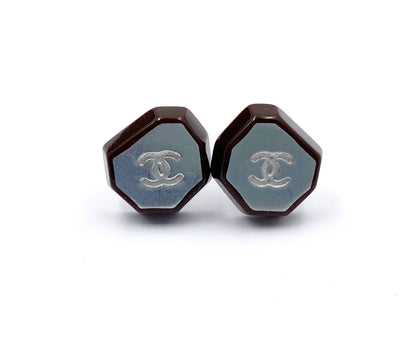 CHANEL Burgundy Silver CC Piercing Earrings