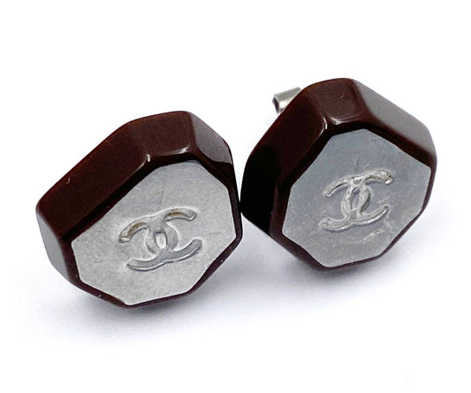 CHANEL Burgundy Silver CC Piercing Earrings