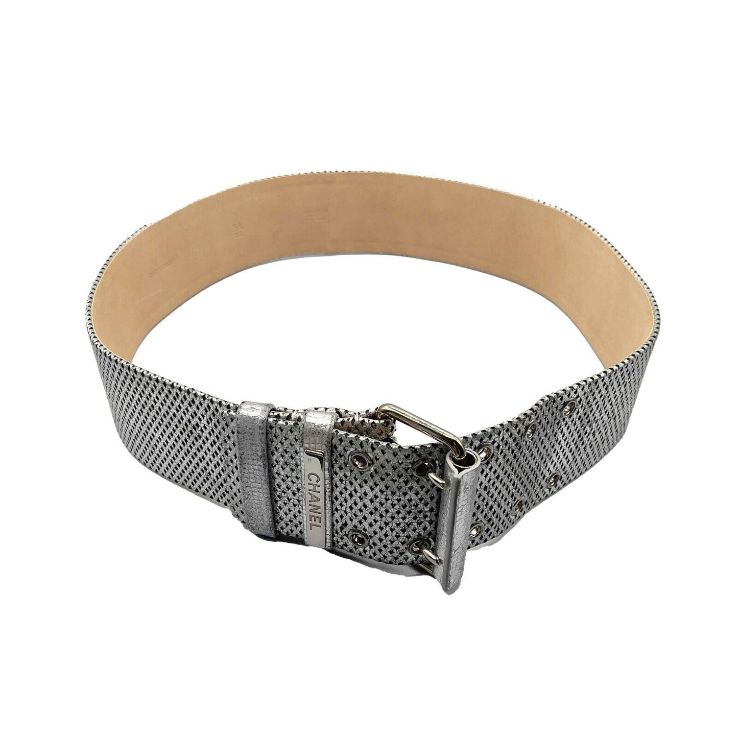 CHANEL - 08P Belt - Metallic Silver Diamond Perforated Logo Stamped - 80/32