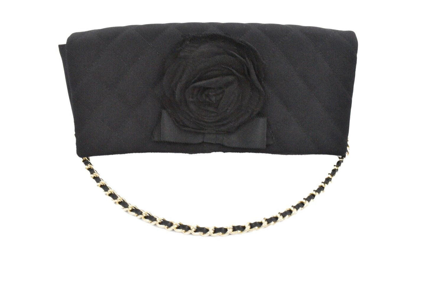 CHANEL - Camellia Black Satin Pochette Bag - Gold Chain Strap Quilted