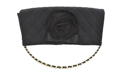 CHANEL - Camellia Black Satin Pochette Bag - Gold Chain Strap Quilted