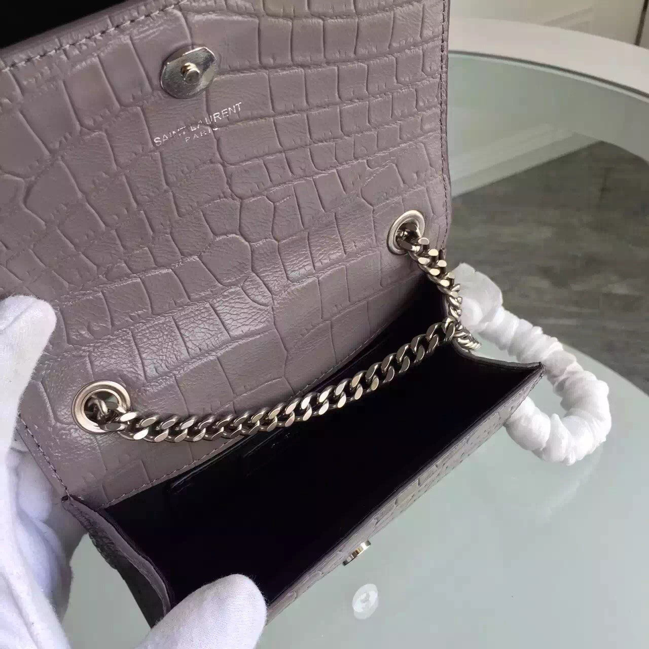 Yves Saint Laurent Small Monogram Satchel Bag In Grey Crocodile Leather