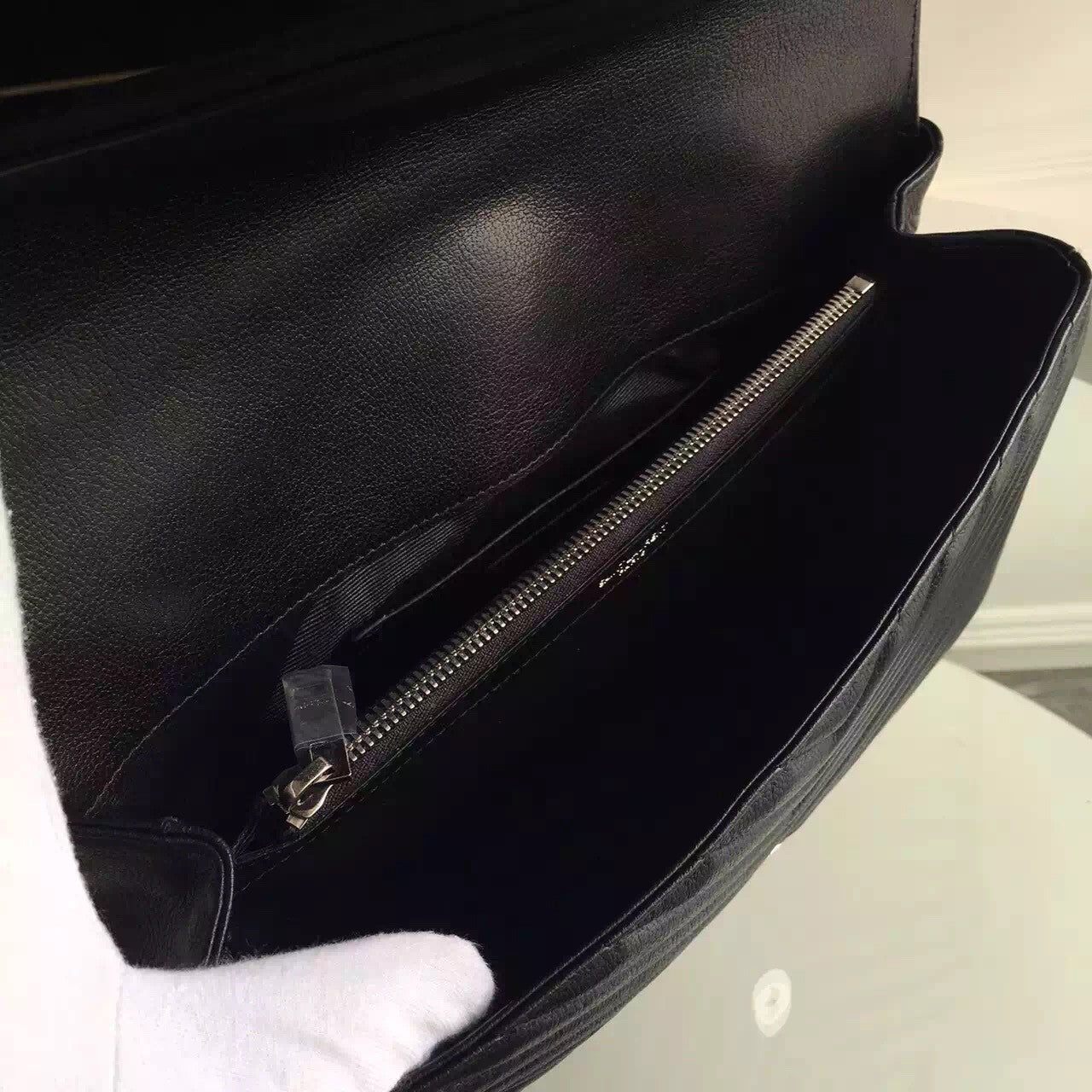 Yves Saint Laurent Large Monogram College Bag in Black Goatskin