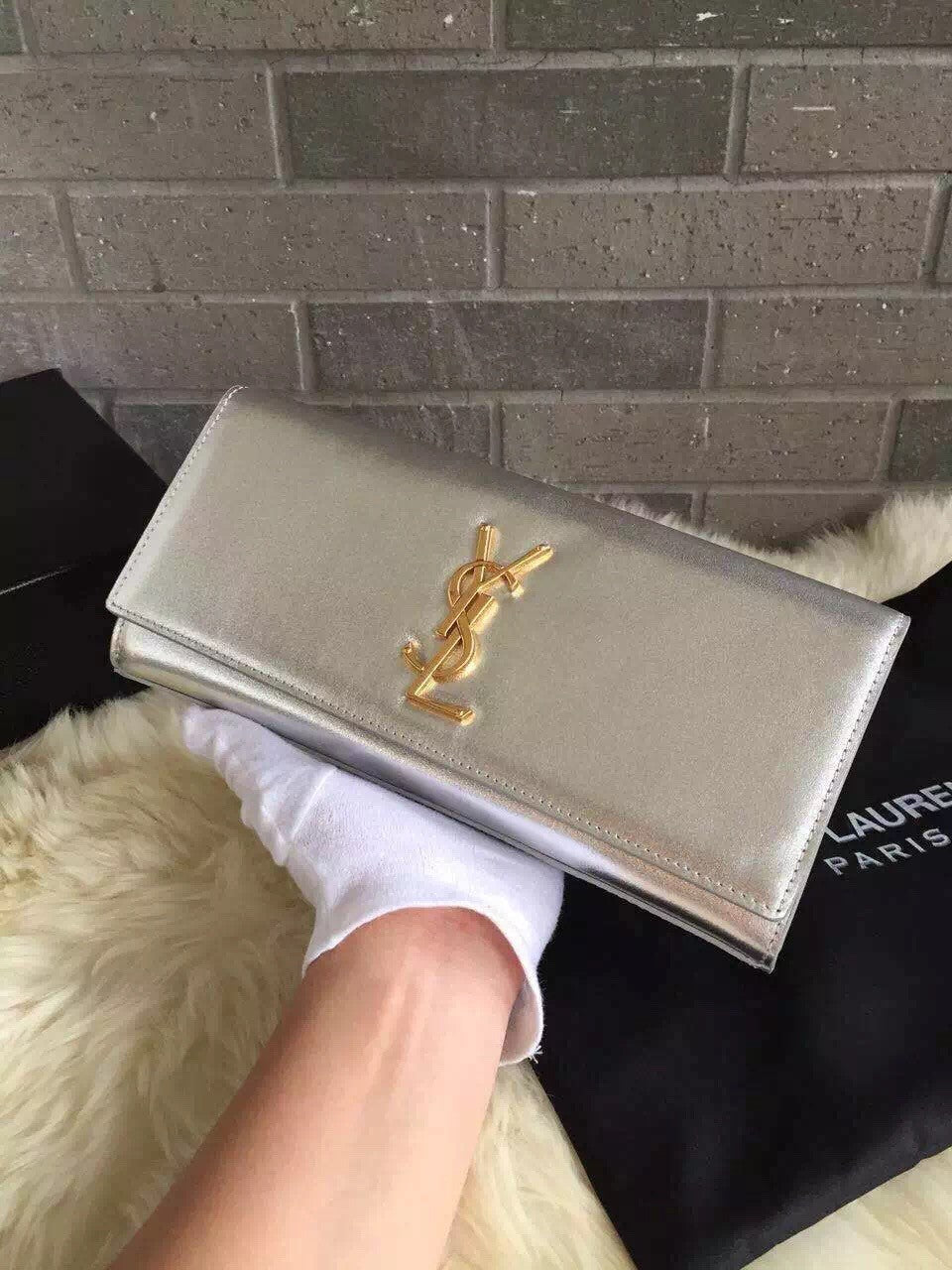 Yves Saint Laurent Silver Classic Metallic Monogramme Clutch