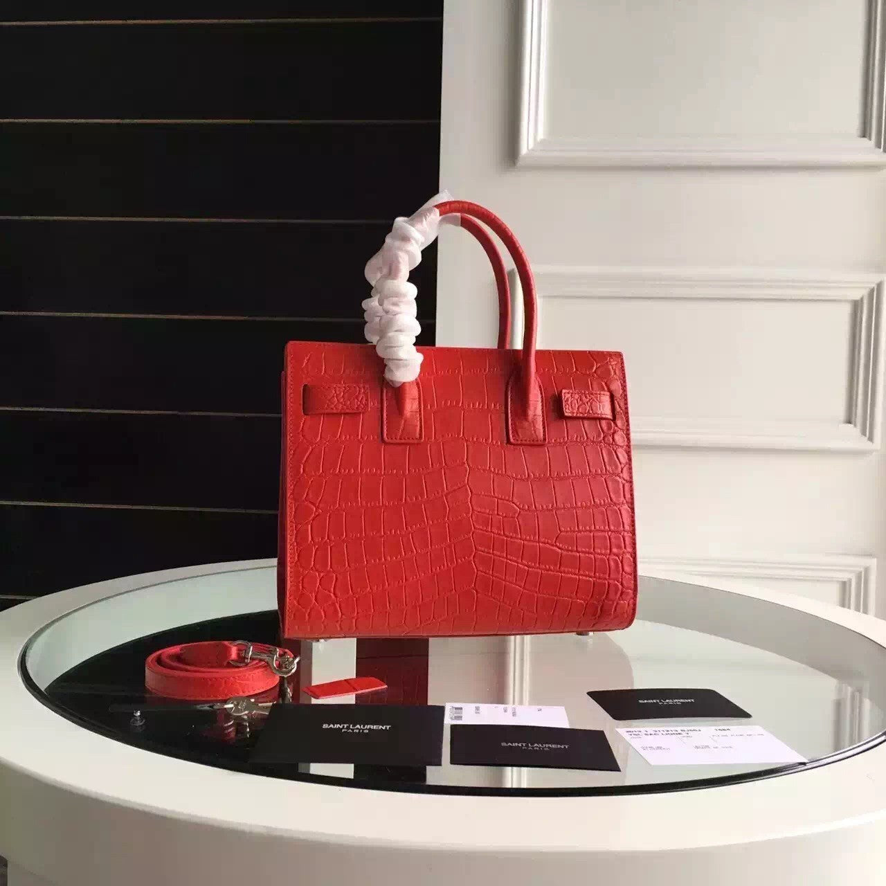 Yves Saint Laurent Baby Sac De Jour Croc Embossed Red Bag