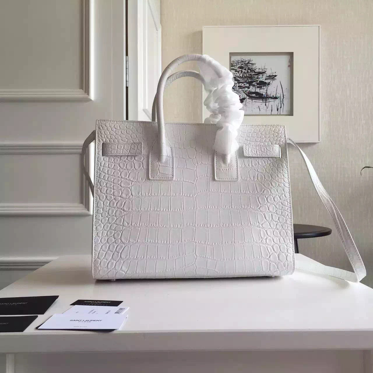 Yves Saint Laurent Small Sac De Jour Croc Embossed White Bag