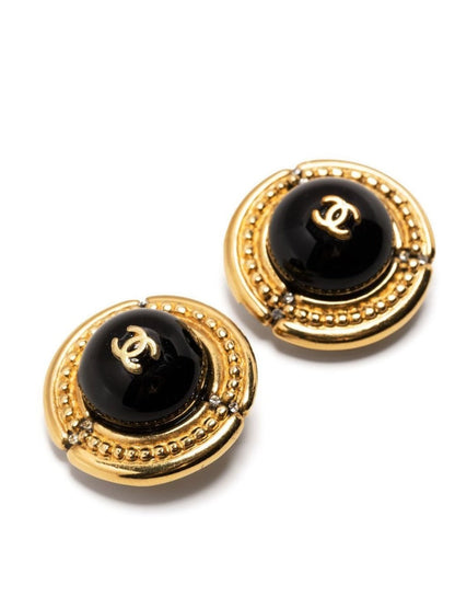 CHANEL Black Cabochon Logo Clip-on Earrings