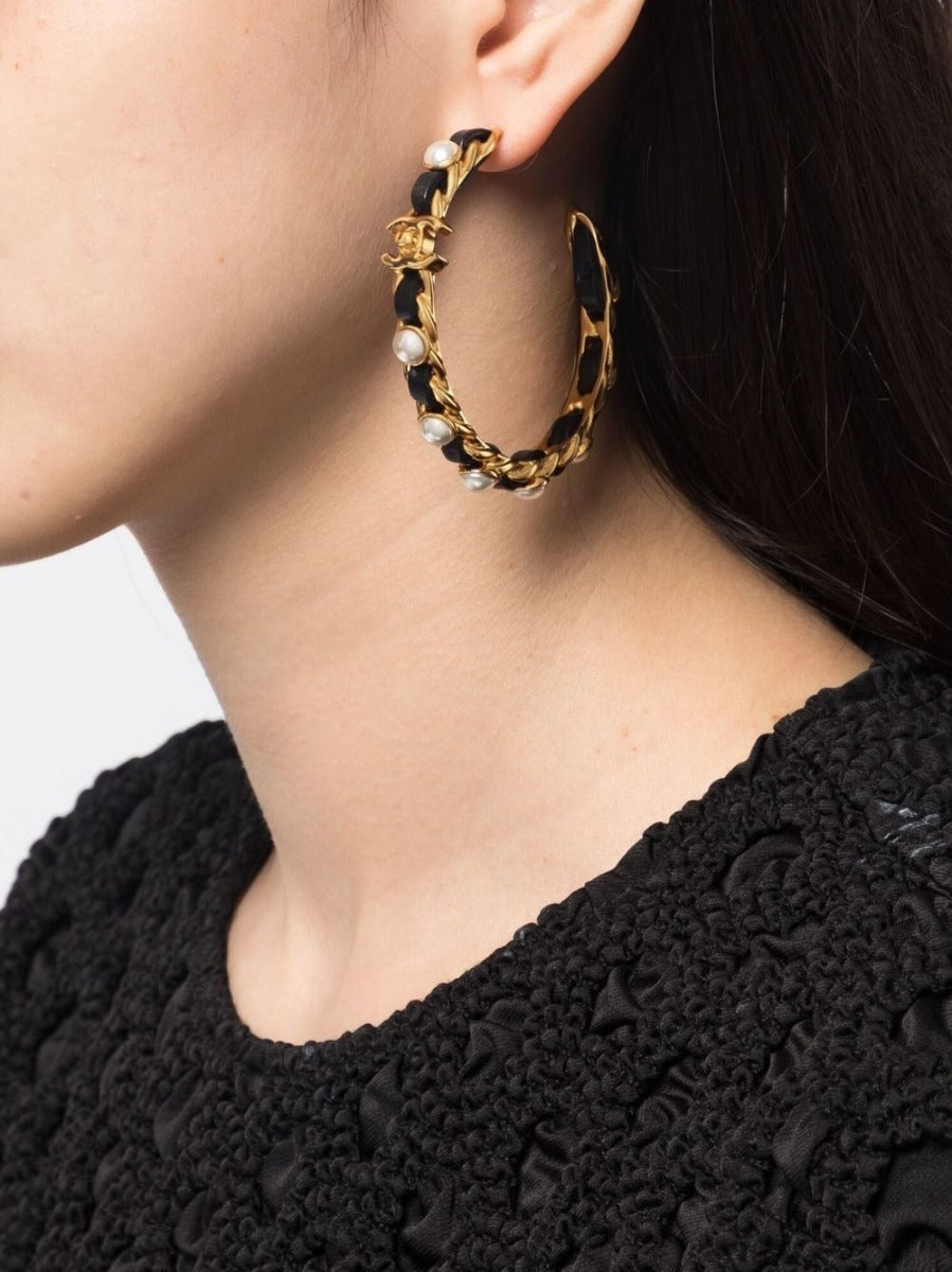 CHANEL Gold-Glated Pearl Hoop Earrings