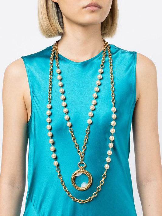 CHANEL Pearl-embellished Double-chain Necklace