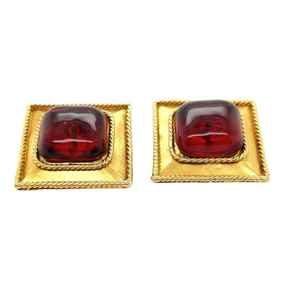 CHANEL- Vintage Stamped 25 Gripoix Square Clip On Earrings - Orange / Red / Gold