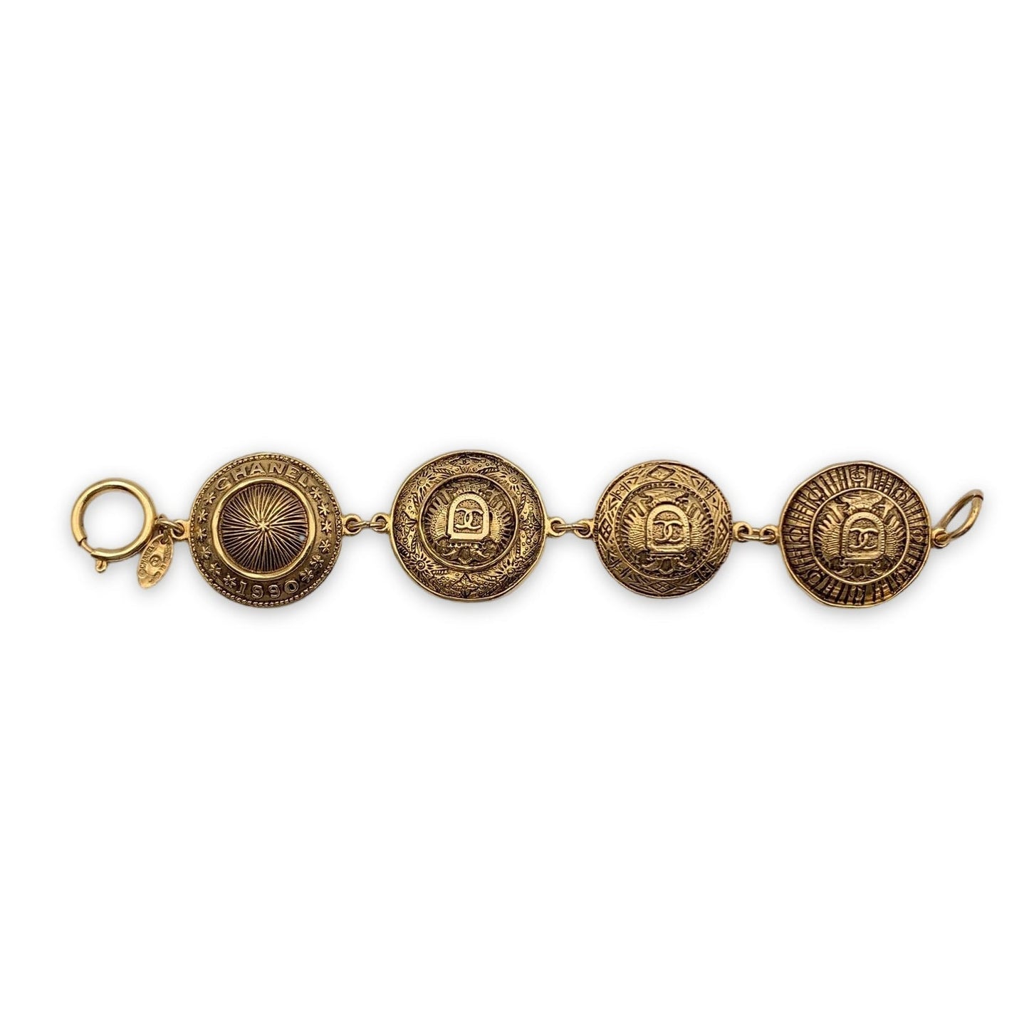 CHANEL Vintage 1990 Gold Metal Logo Starburst Medallion Bracelet