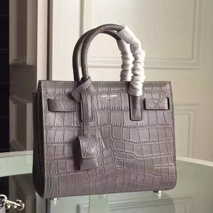 Yves Saint Laurent Nano Sac De Jour Croc Embossed Grey Bag