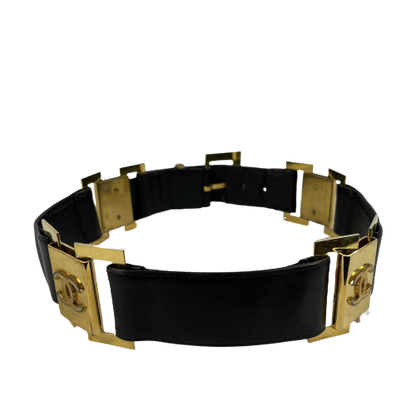 CHANEL Vintage 1980's Black Leather and Gold Buckle CC Link Belt