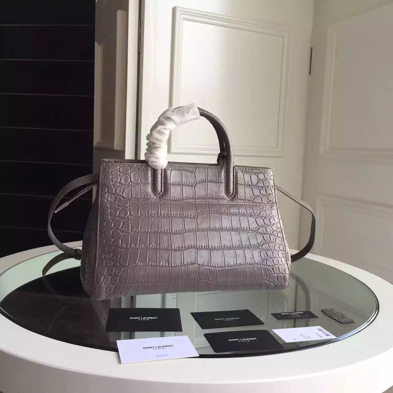 Yves Saint Laurent Small Rive Gauche Bag In Grey Crocodile Leather