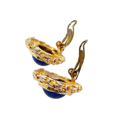 CHANEL - 93A Woven Chain Lapis Lazuli Cabochon Button Earrings Gold / Blue