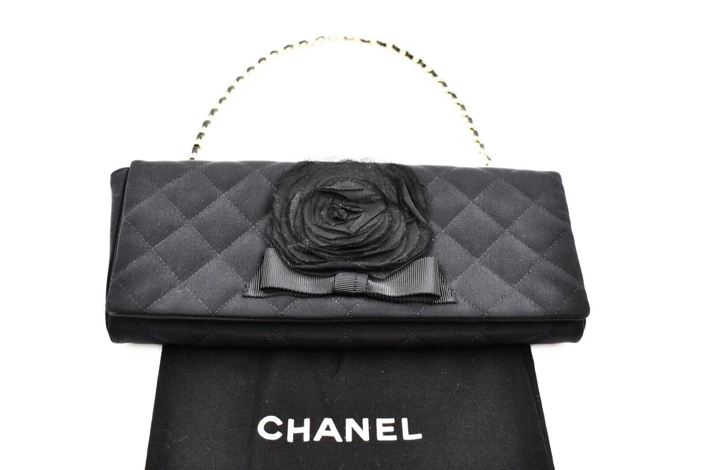 CHANEL - Camellia Black Satin Pochette Bag - Gold Chain Strap Quilted