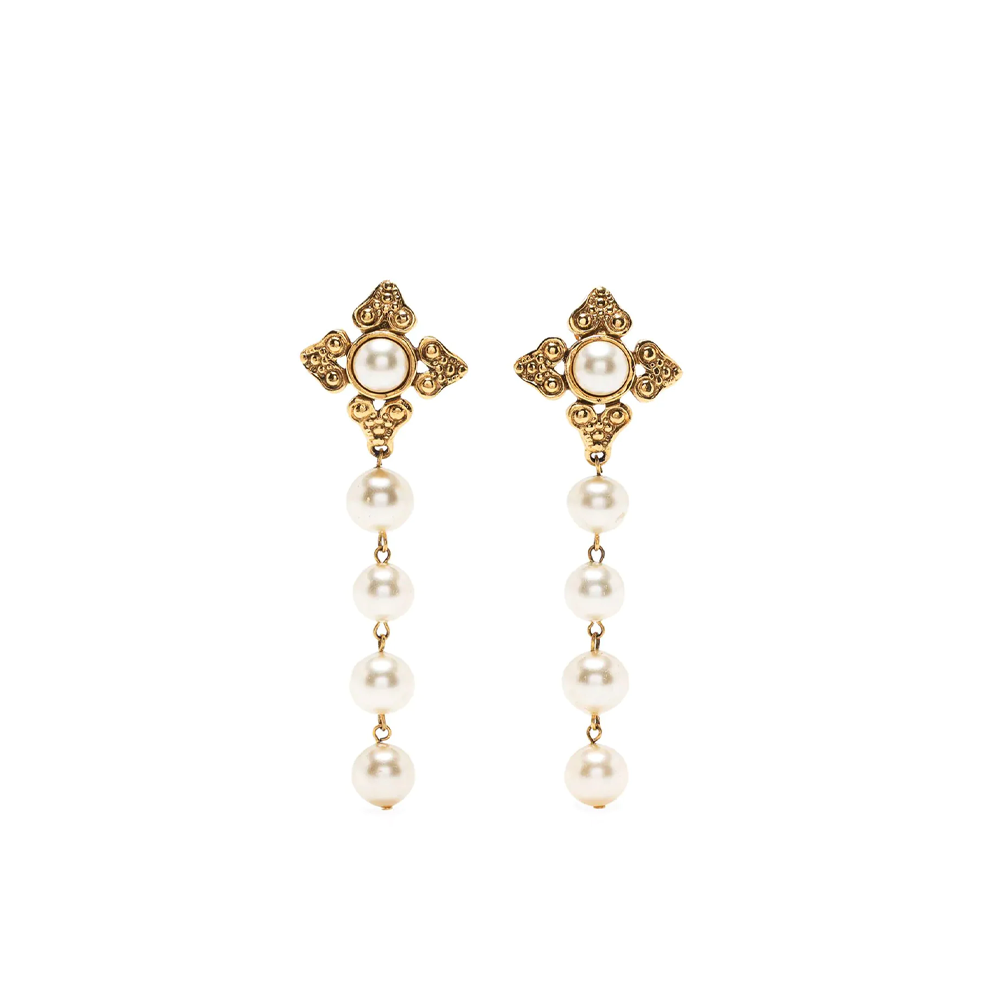 CHANEL Faux-Pearl Cross Drop Clip-on Earrings