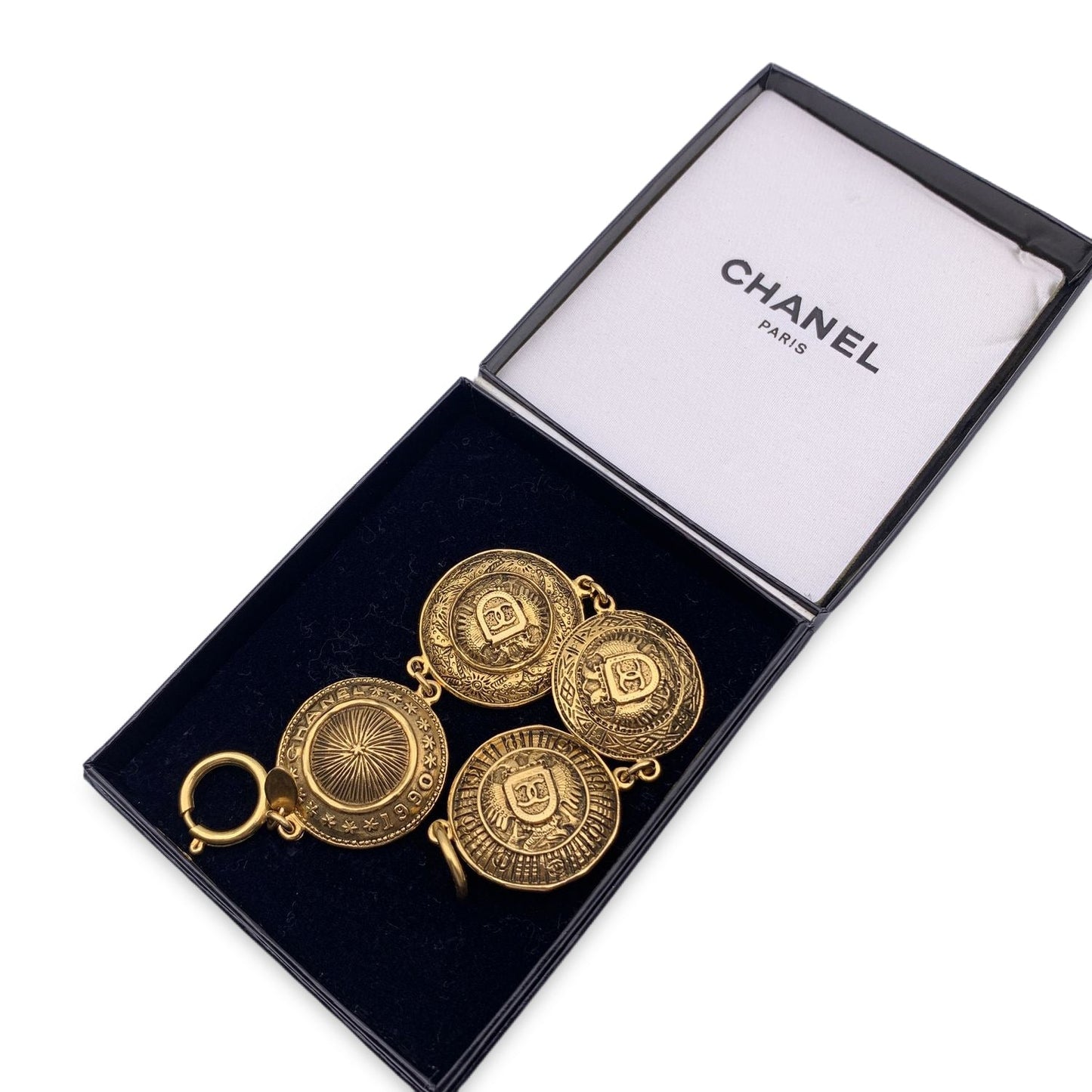 CHANEL Vintage 1990 Gold Metal Logo Starburst Medallion Bracelet