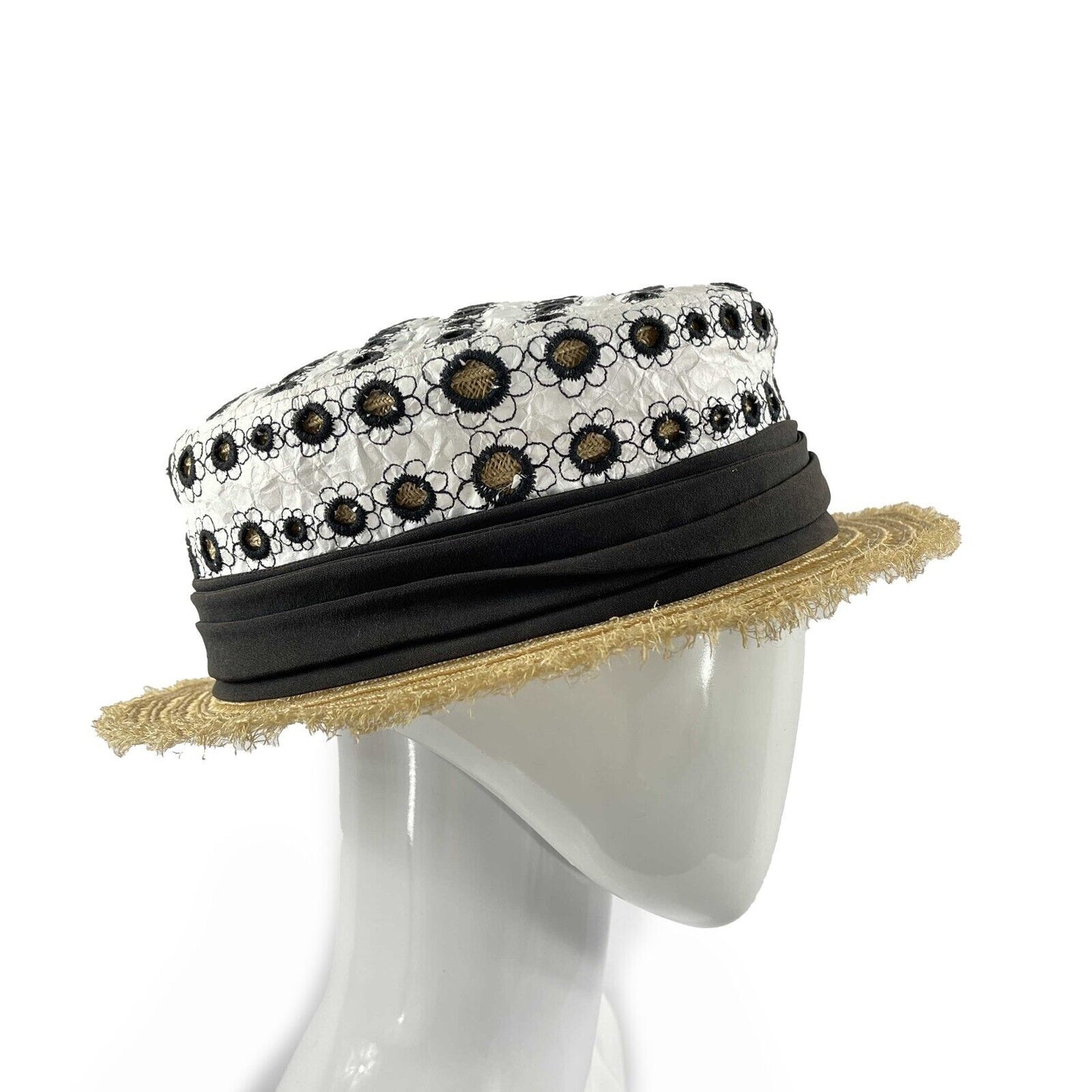 CHANEL - Woven Straw Ribbon CC Embroidered Spring Summer Boater Hat - Size M