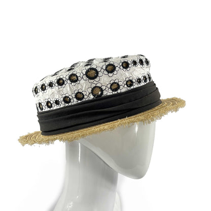 CHANEL - Woven Straw Ribbon CC Embroidered Spring Summer Boater Hat - Size M