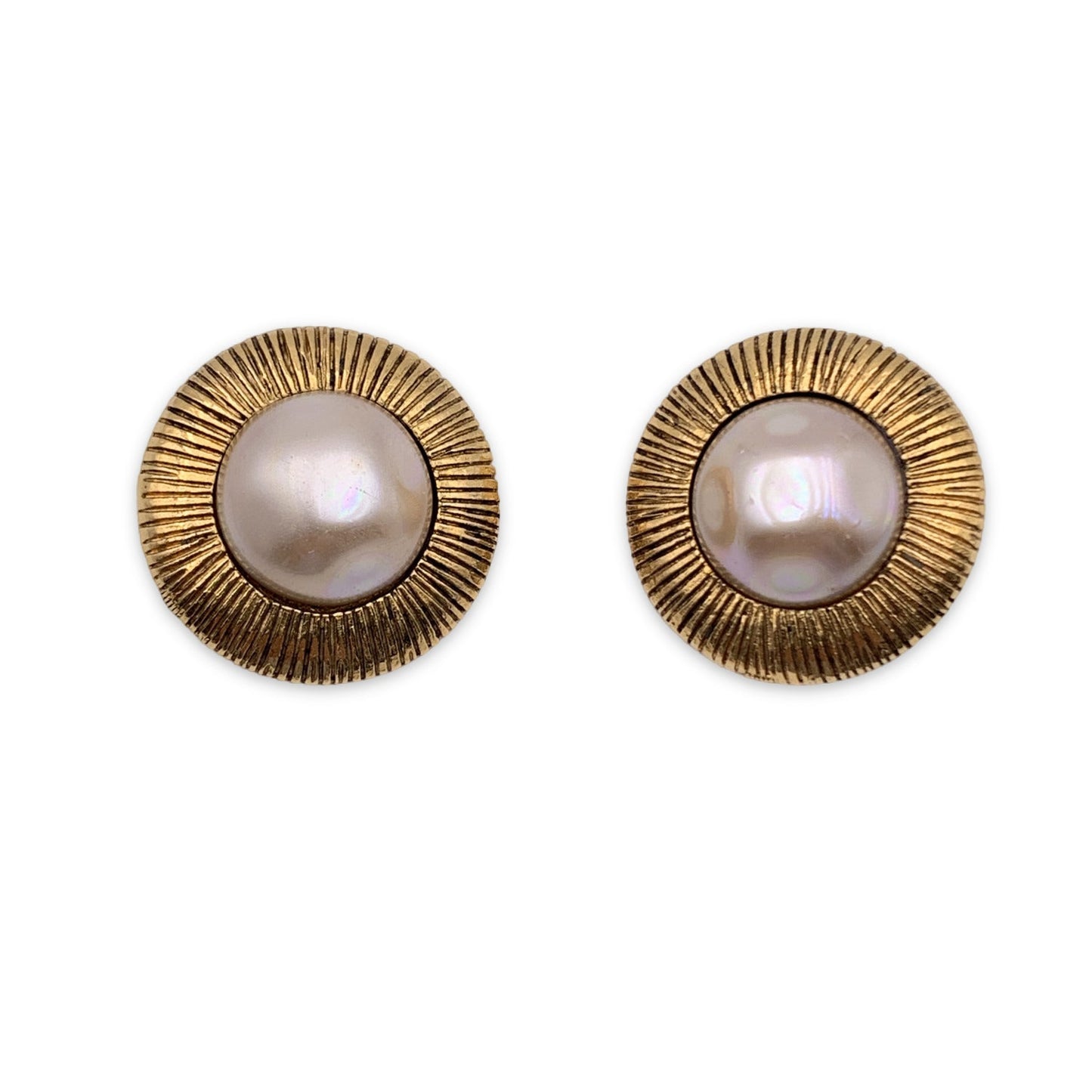 CHANEL Vintage Gold Metal And Pearl Cabochon Round Clip On Earrings