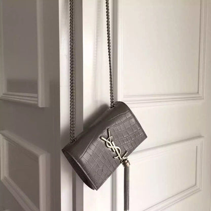 Yves Saint Laurent Small Monogram Tassel Satchel In Grey Crocodile Leather