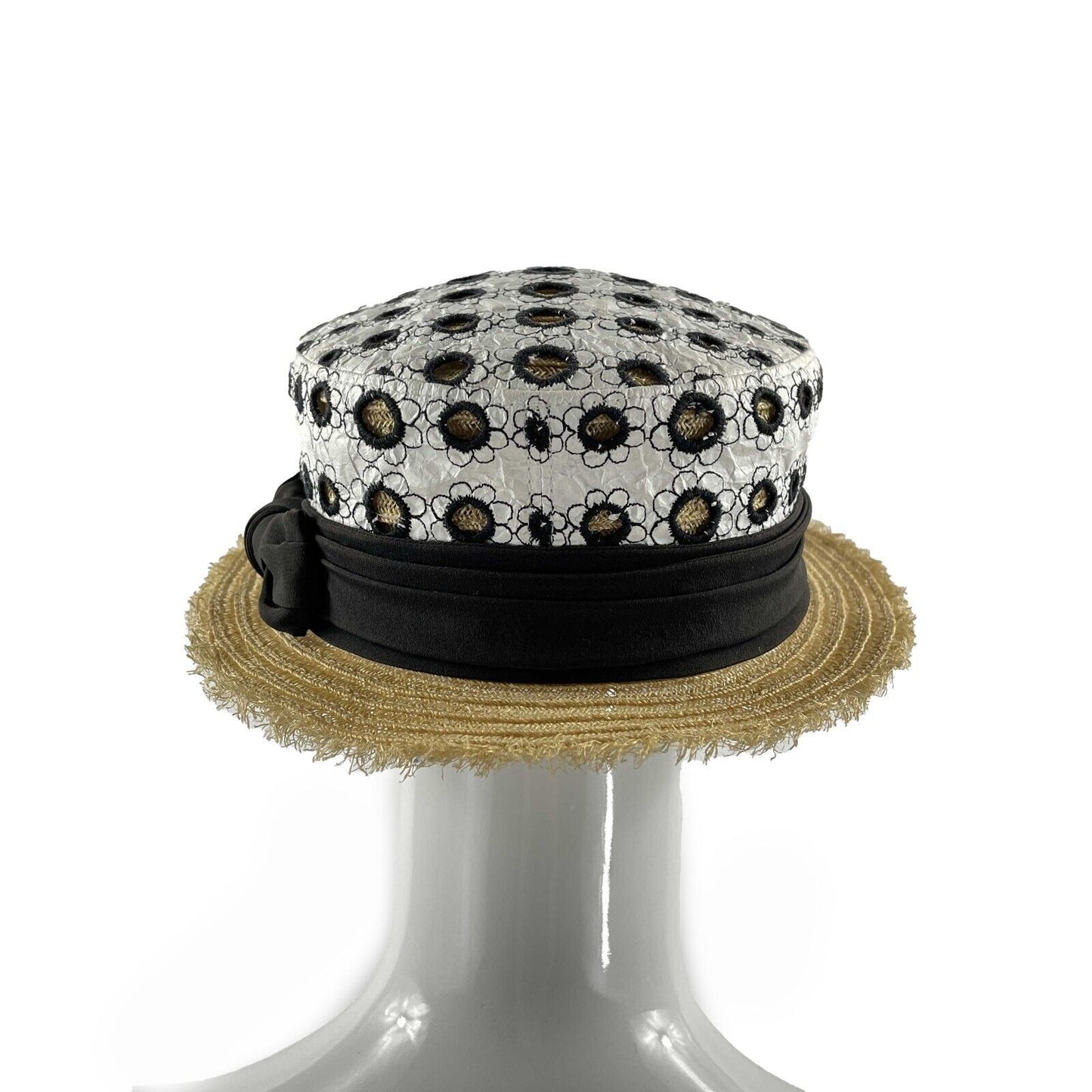 CHANEL - Woven Straw Ribbon CC Embroidered Spring Summer Boater Hat - Size M