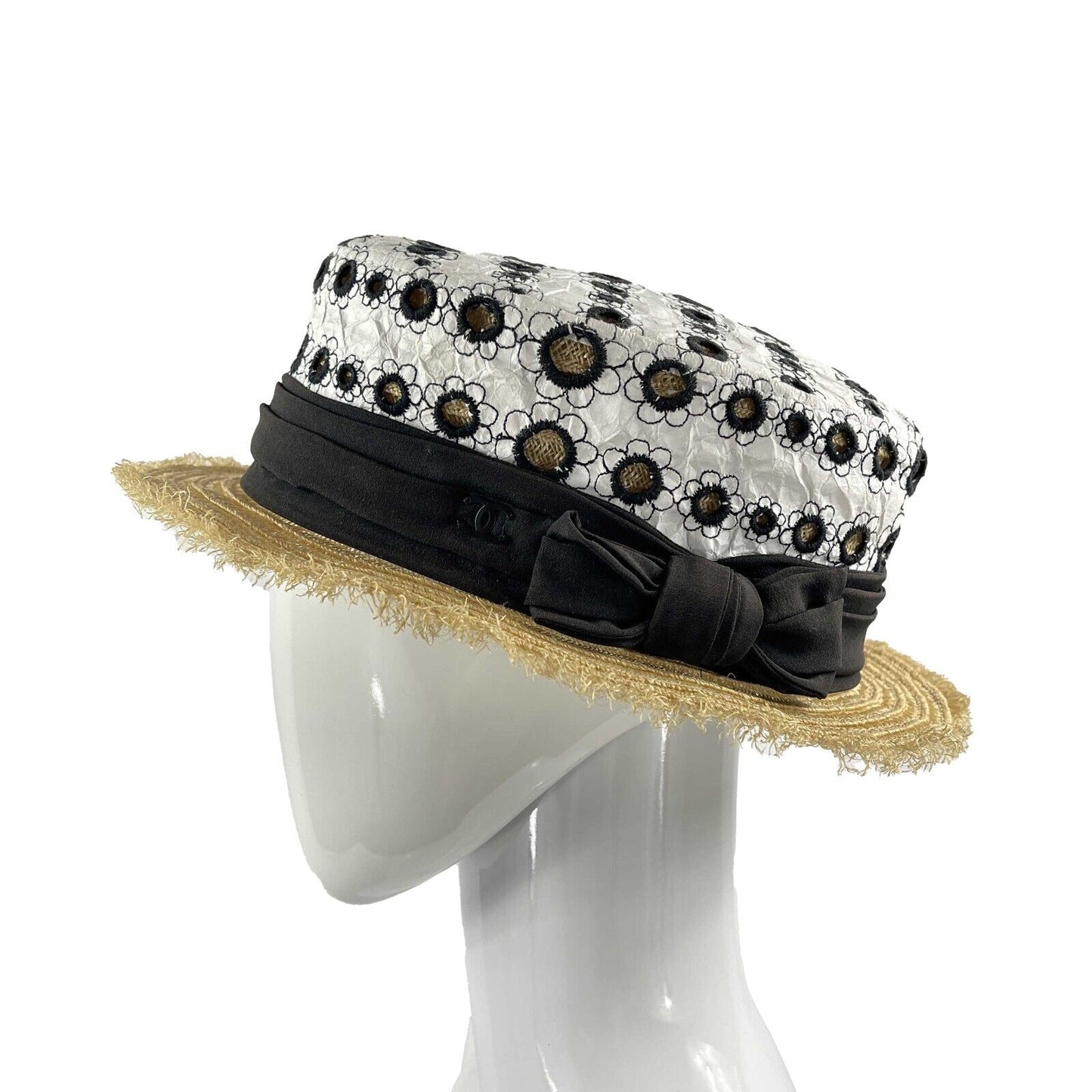 CHANEL - Woven Straw Ribbon CC Embroidered Spring Summer Boater Hat - Size M