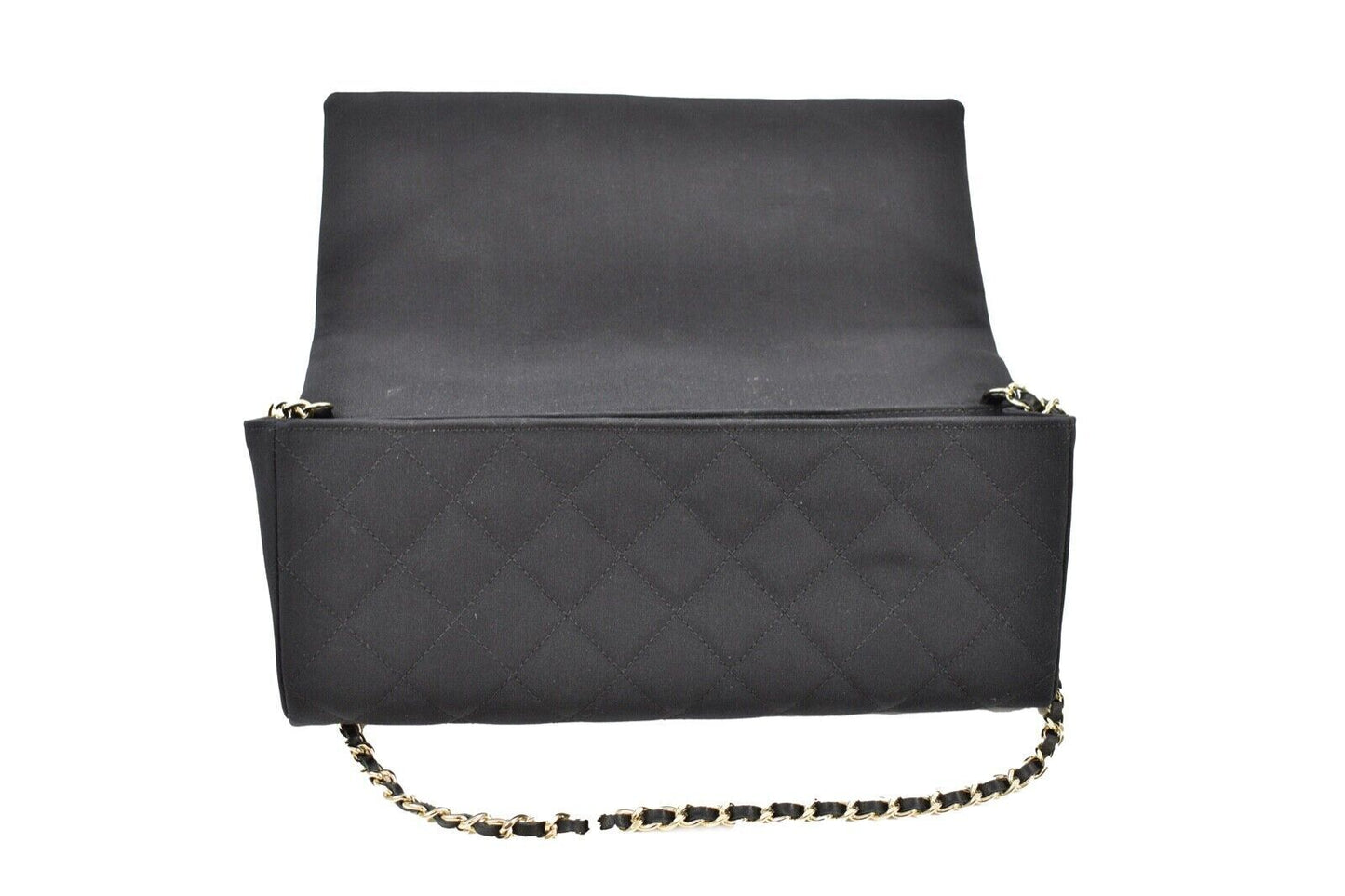 CHANEL - Camellia Black Satin Pochette Bag - Gold Chain Strap Quilted