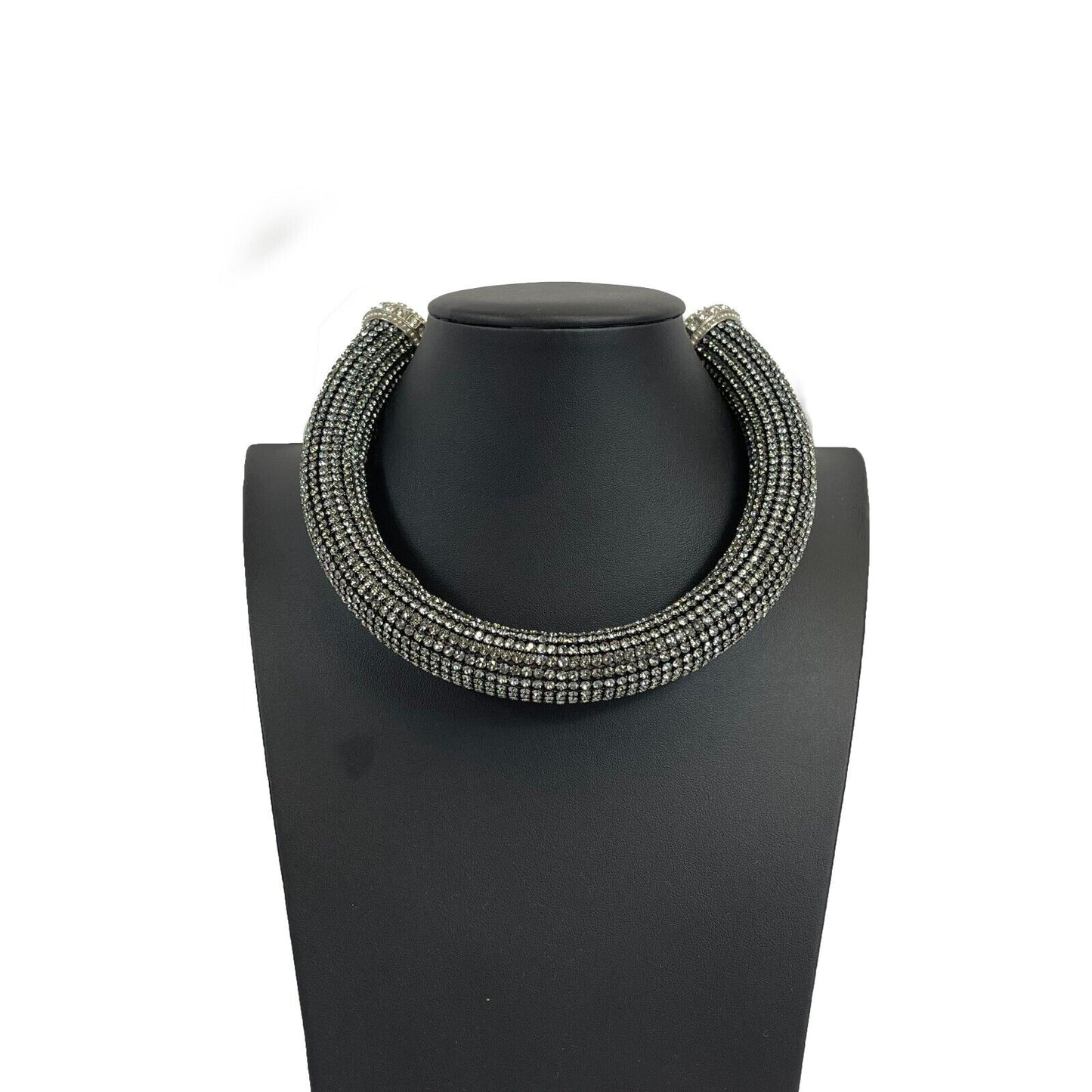 CHANEL - 17K CC Rhinestone Crystal Choker Necklace - Black / Silver