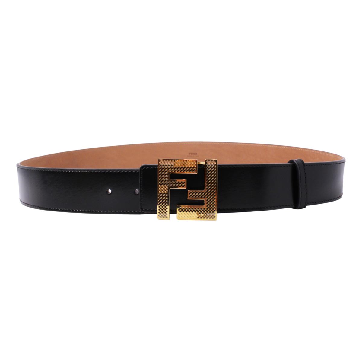 Fendi Reversible Black Beige Leather Perforated FF Buckle Belt Size 105 7C0437