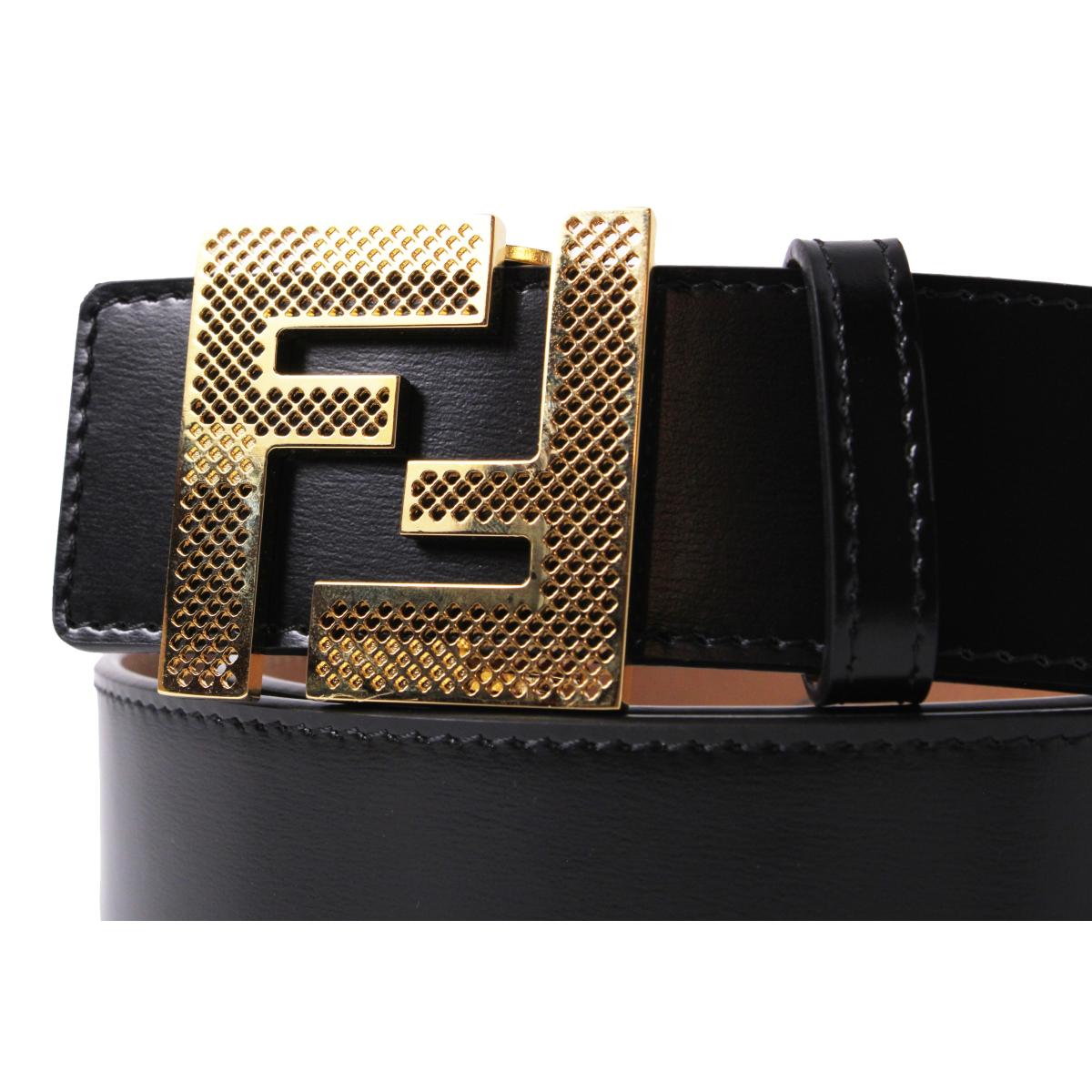 Fendi Reversible Black Beige Leather Perforated FF Buckle Belt Size 105 7C0437