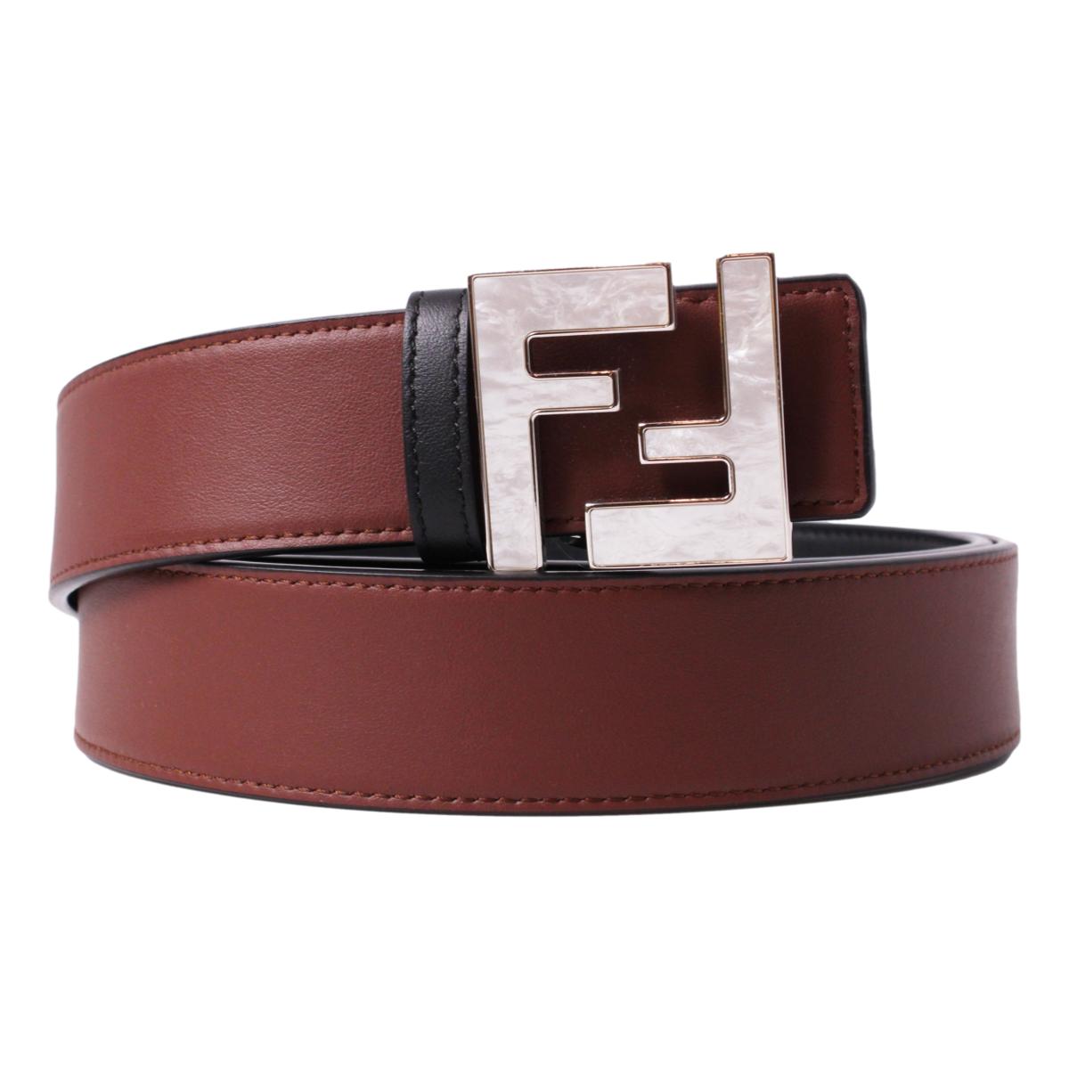 Fendi Reversible Black Brown Leather Pearl FF Buckle Belt Size 95 7C0424