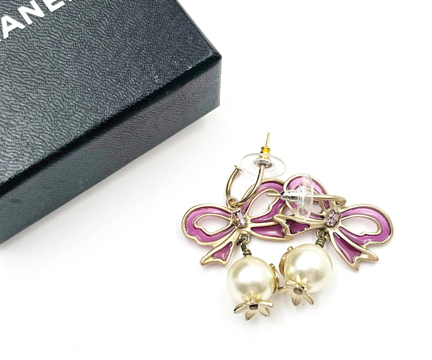 CHANEL Gold Fuchsia Ribbon Bow CC Pearl Dangle Hoop Earrings