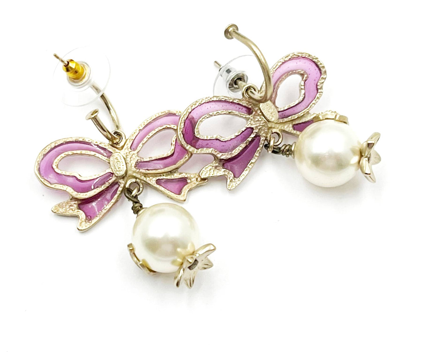 CHANEL Gold Fuchsia Ribbon Bow CC Pearl Dangle Hoop Earrings