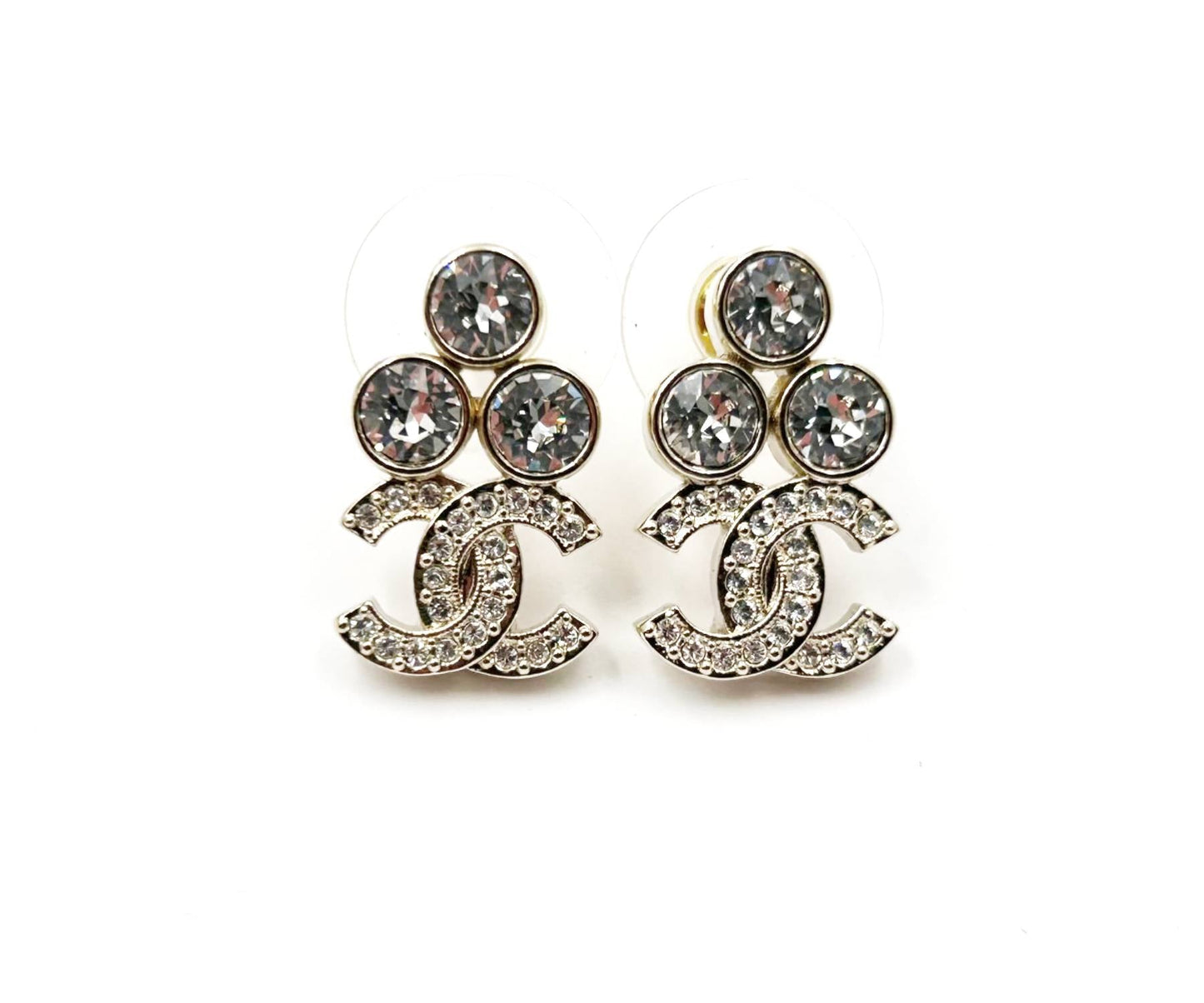 CHANEL Brand New Gold 3 Round Crystal CC Small Piercing Earrings