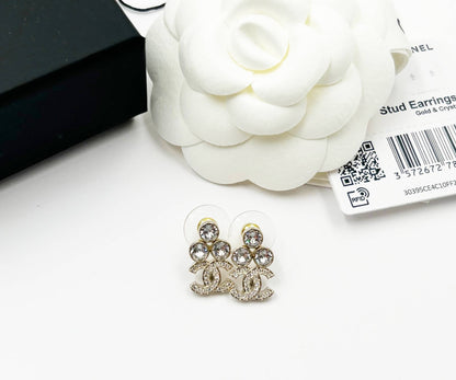 CHANEL Brand New Gold 3 Round Crystal CC Small Piercing Earrings