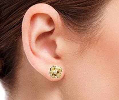 CHANEL Gold CC Beige Flower Small Piercing Earrings