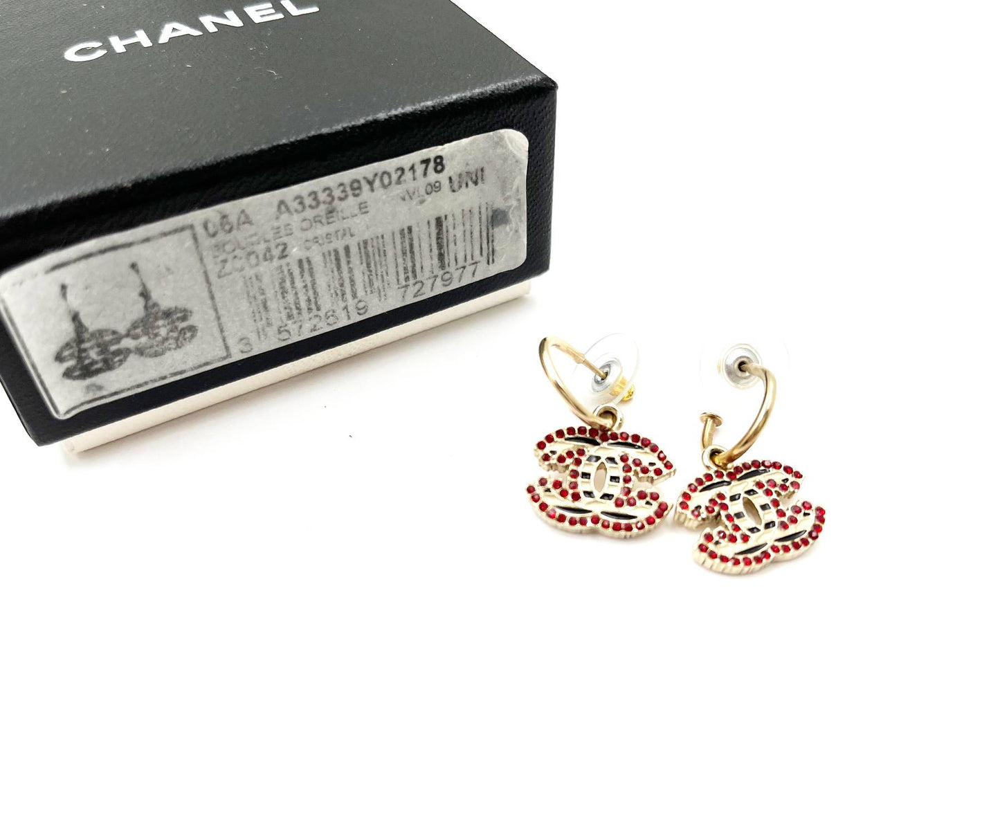 CHANEL Gold CC Black White Stripe Red Crystal Hoop Piercing Earrings