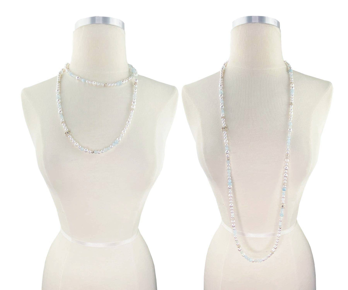 CHANEL Brand New Gold CC Aquamarine Fresh Water Pearl Necklace