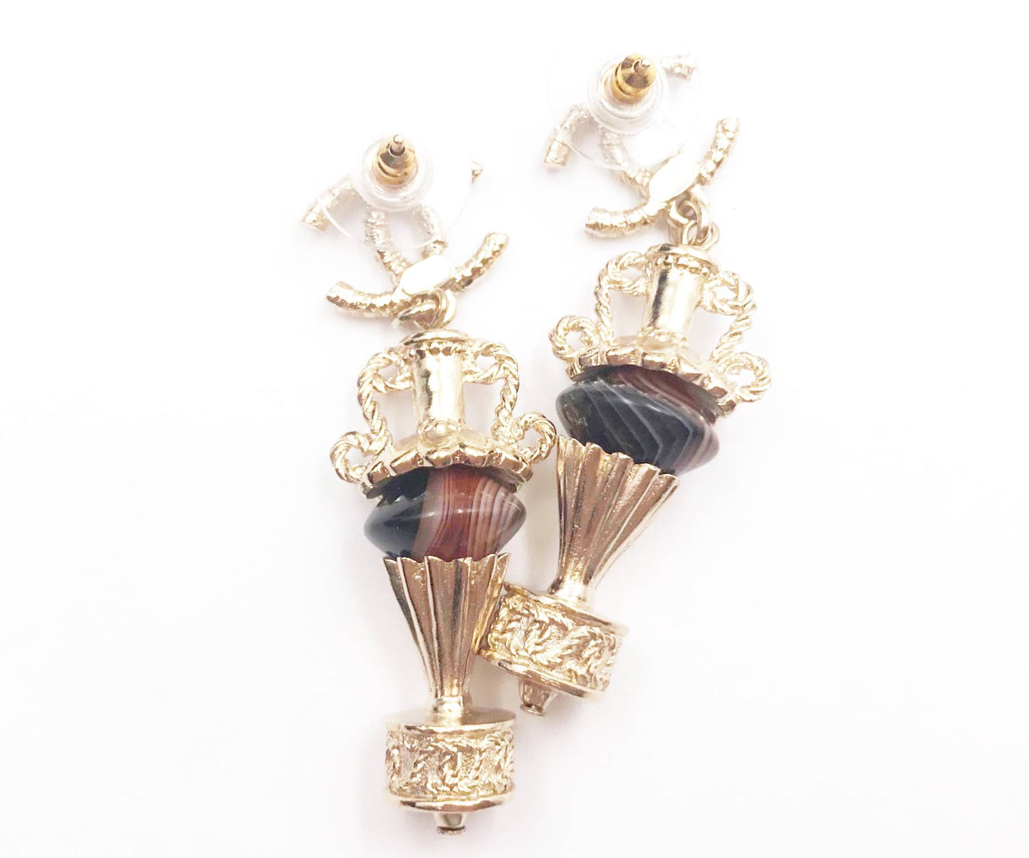 CHANEL Brand New Gold CC Brown Stone Amphora Piercing Earrings