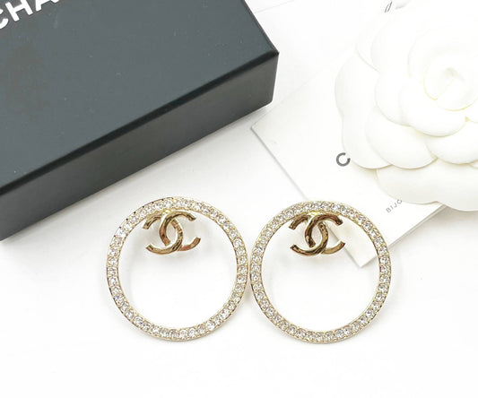 CHANEL Brand New Gold CC Large Crystal Ring Piercing Earrings