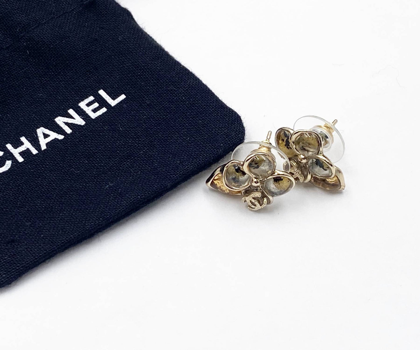 CHANEL Gold CC Flower Dangle Piercing Earrings