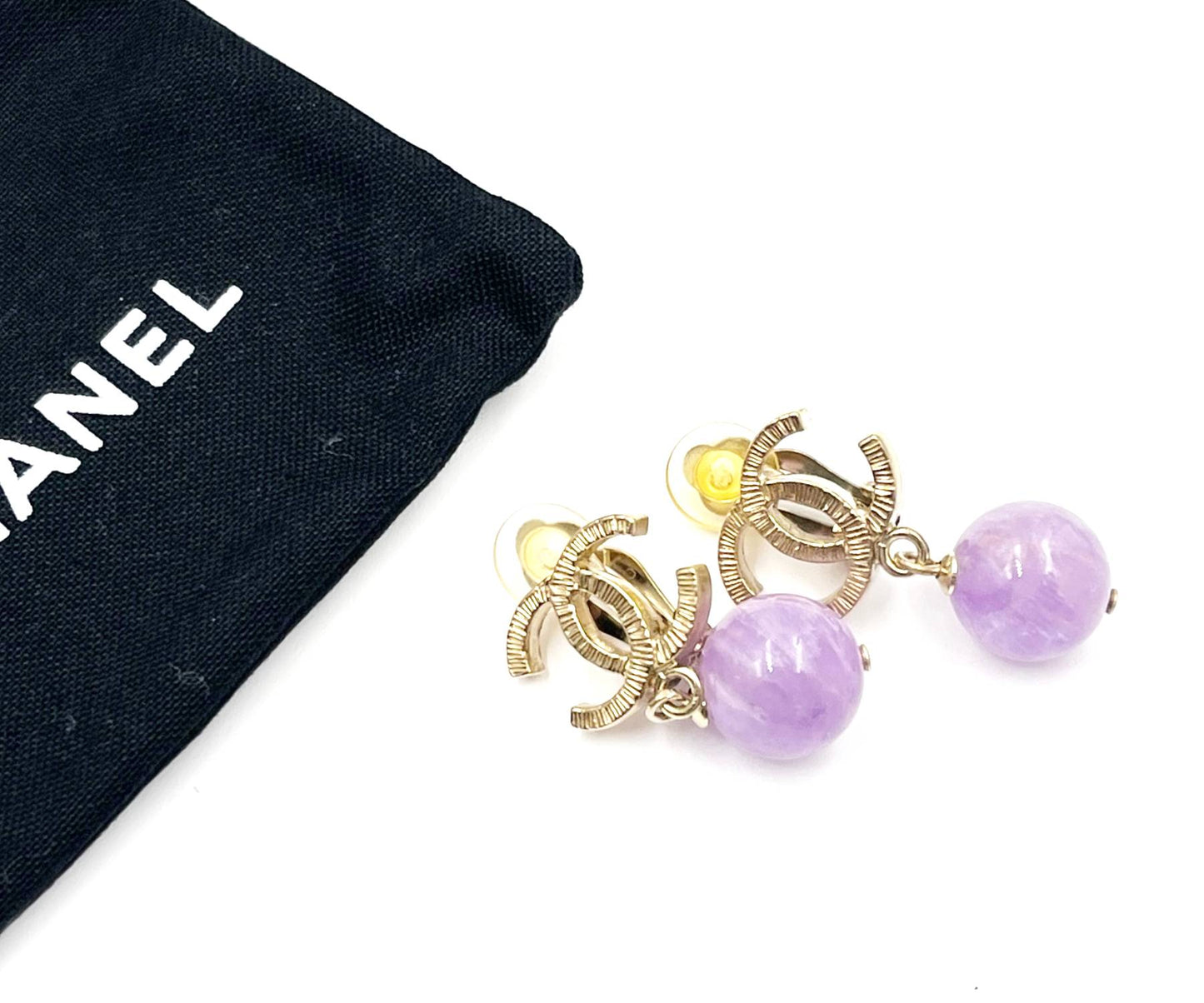 CHANEL Gold CC Lavender Stone Clip on Earrings