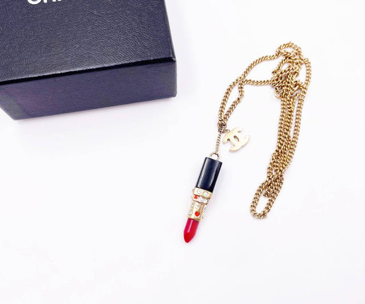 CHANEL Rare Vintage Gold Plated CC Large Red Lipstick Pendant Necklace