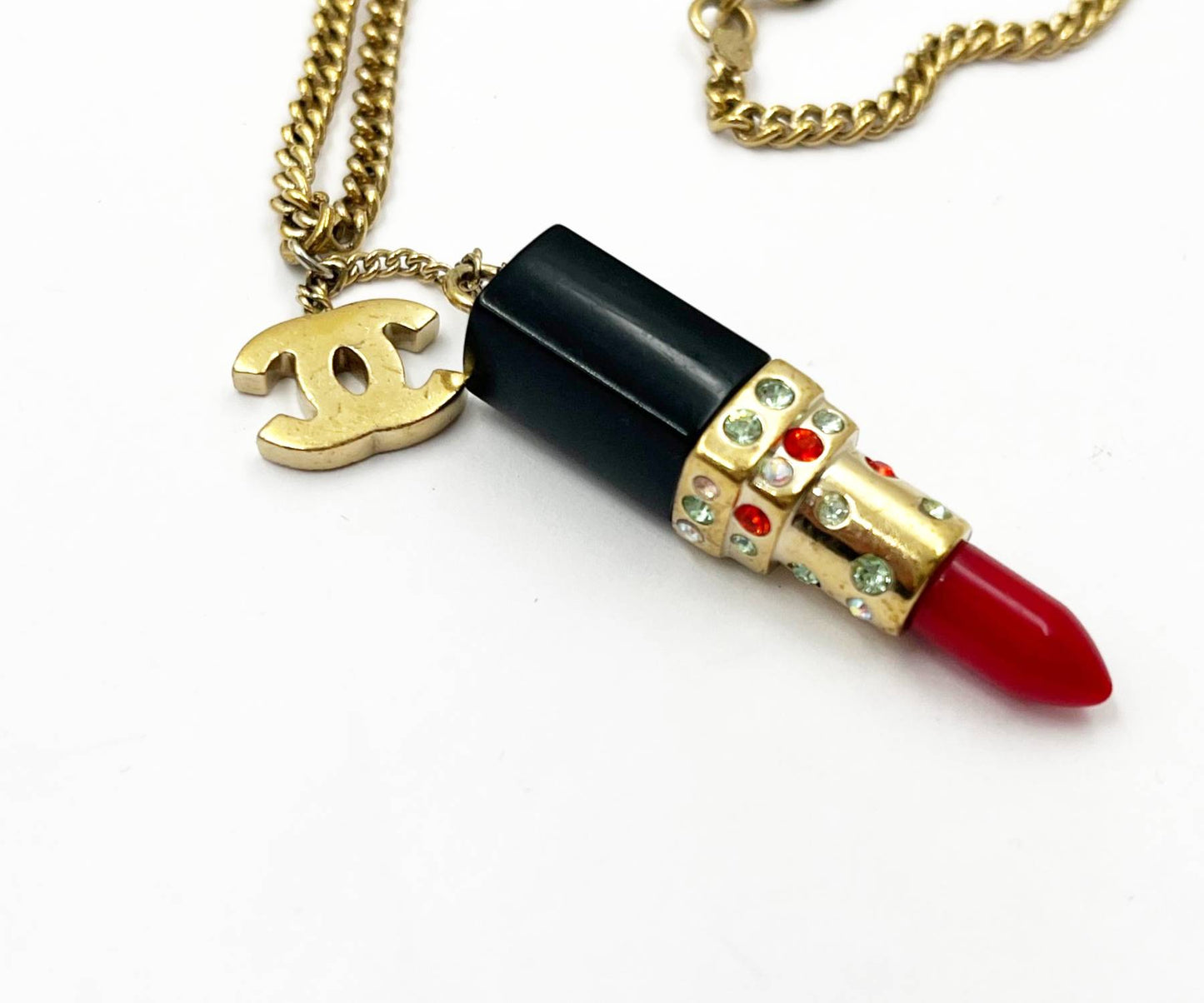 CHANEL Rare Vintage Gold Plated CC Large Red Lipstick Pendant Necklace